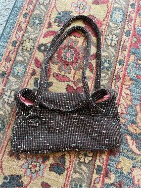 Classic Brown Tweed Shoulder Bag with Pink Lining